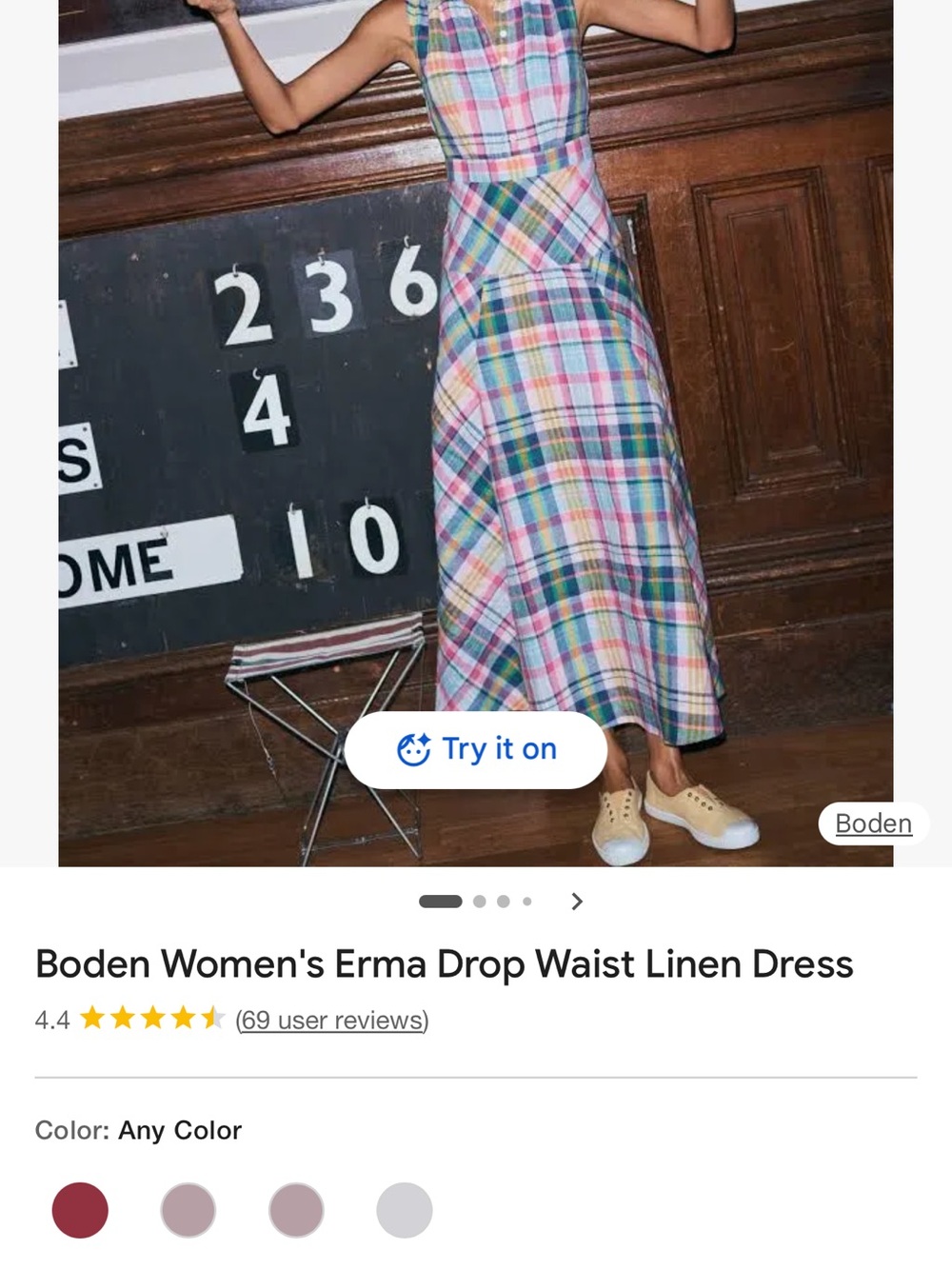 Boden Erma drop waist linen dress.Plaid- Button-Front.